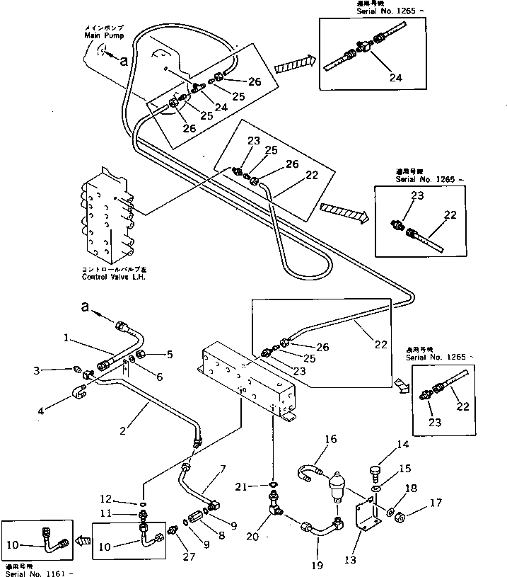 Komatsu parts book diagram for PW150-1 S/N 1001-UP: HYDRAULIC PIPING (3/8) (ACCUMULATOR ? P.P.C. RETURN)