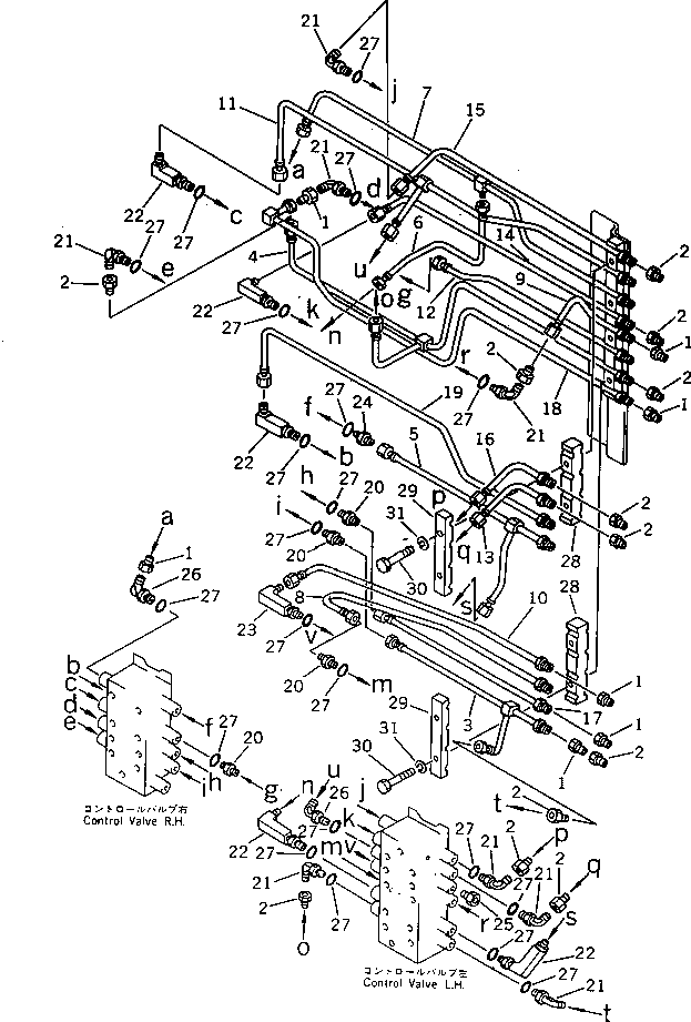 Komatsu parts book diagram for PW150-1 S/N 1001-UP: HYDRAULIC PIPING (5/8) (CONNECTOR TO VALVE)