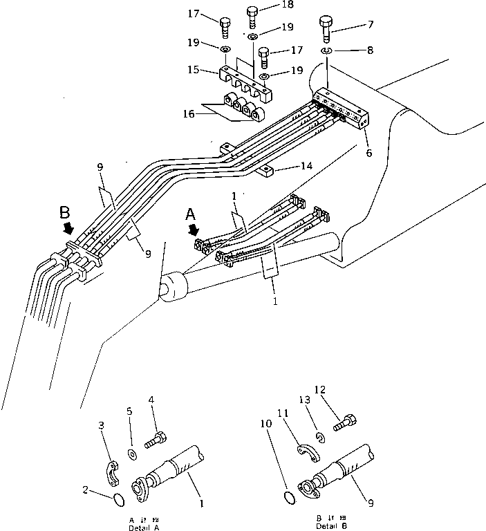 Komatsu parts book diagram for PW150-1 S/N 1001-UP: HYDRAULIC PIPING (6/8) (BOOM ? ARM)(#1213-)