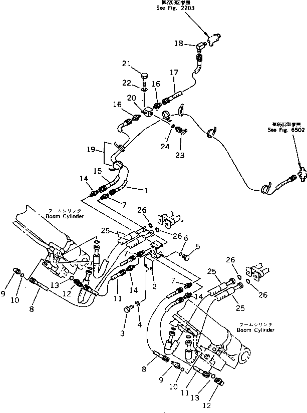 Komatsu parts book diagram for PW150-1 S/N 1001-UP: HYDRAULIC PIPING (VALVE TO BOOM CYLINDER)                        (LOCK VALVE FOR WORK EQUIPMENT)
