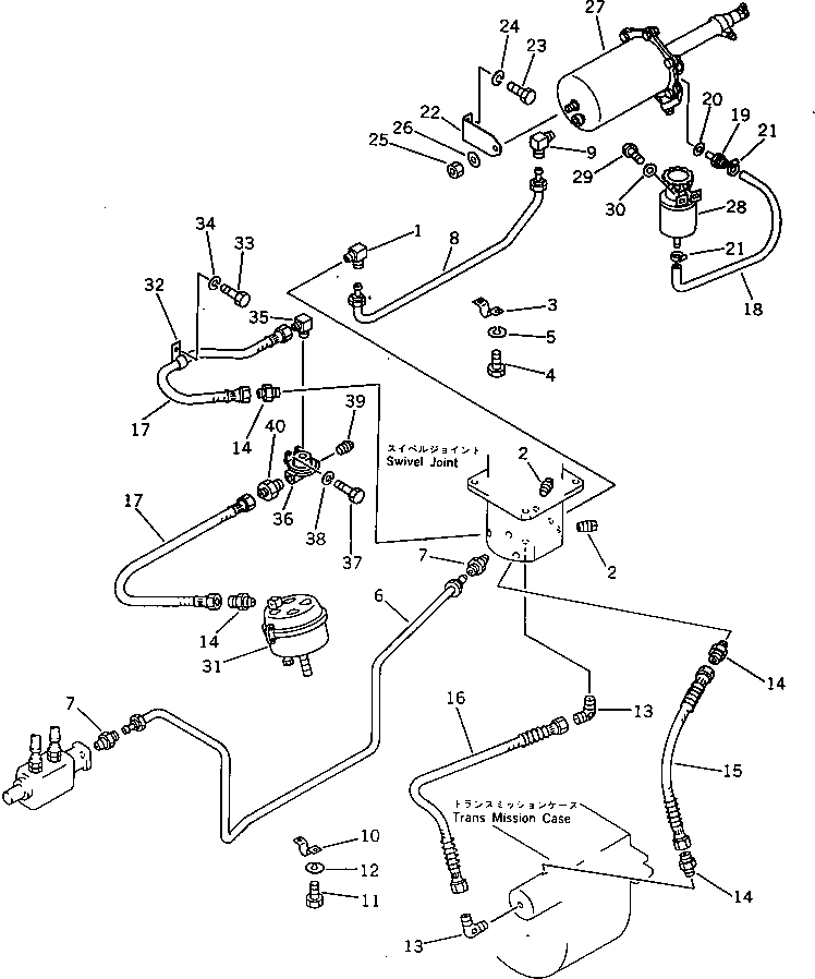 Komatsu parts book diagram for PW150-1 S/N 1001-UP: LOWER AIR PIPING (1/2) (SWIVEL JOINT TO AIR MASTER)