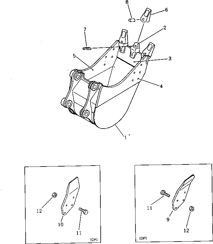 Komatsu parts book diagram for PW150-1 S/N 1001-UP: TRENCHING BUCKET 0.30M3 WIDTH 600MM