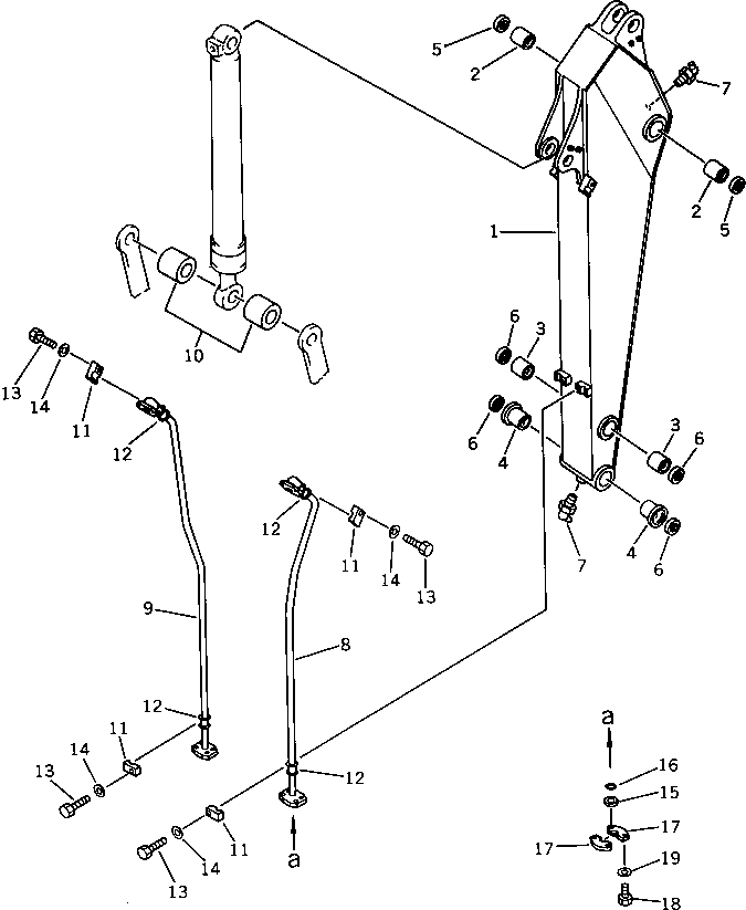 Komatsu parts book diagram for PW150-1 S/N 1001-UP: CLAMSHLL ARM AND PIPING (2250MM SEMI-LONG ARM)