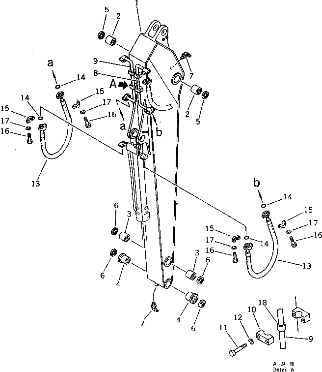 Komatsu parts book diagram for PW150-1 S/N 1001-UP: LONG ARM (FOR 1-PIECE BOOM)