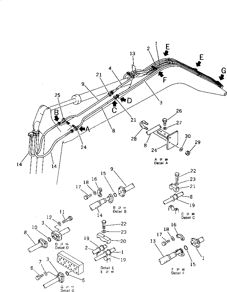 Komatsu parts book diagram for PW150-1 S/N 1001-UP: HYDRAULIC PIPING (FOR 1-PIECE BOOM)