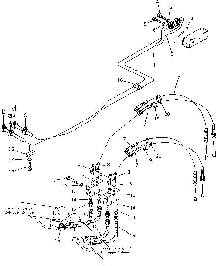 Komatsu parts book diagram for PW150-1 S/N 1001-UP: FRONT OUTRIGGER PIPING (4/4)(#1284-)