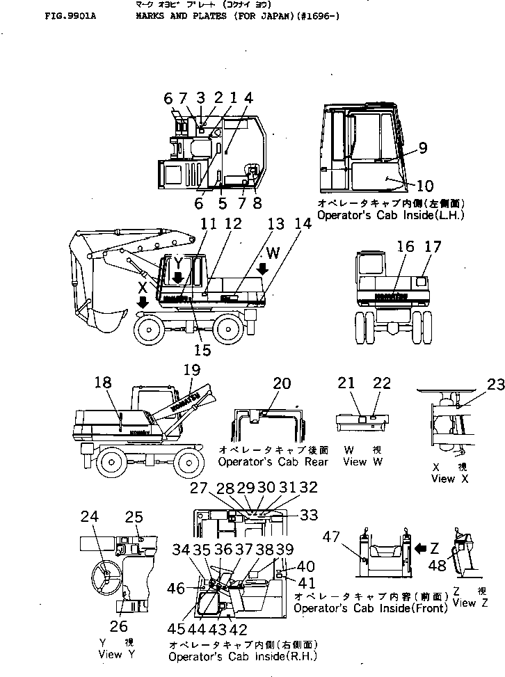 Komatsu parts book diagram for PW150-1 S/N 1001-UP: MARKS AND PLATES (FOR JAPAN)(#1696-)