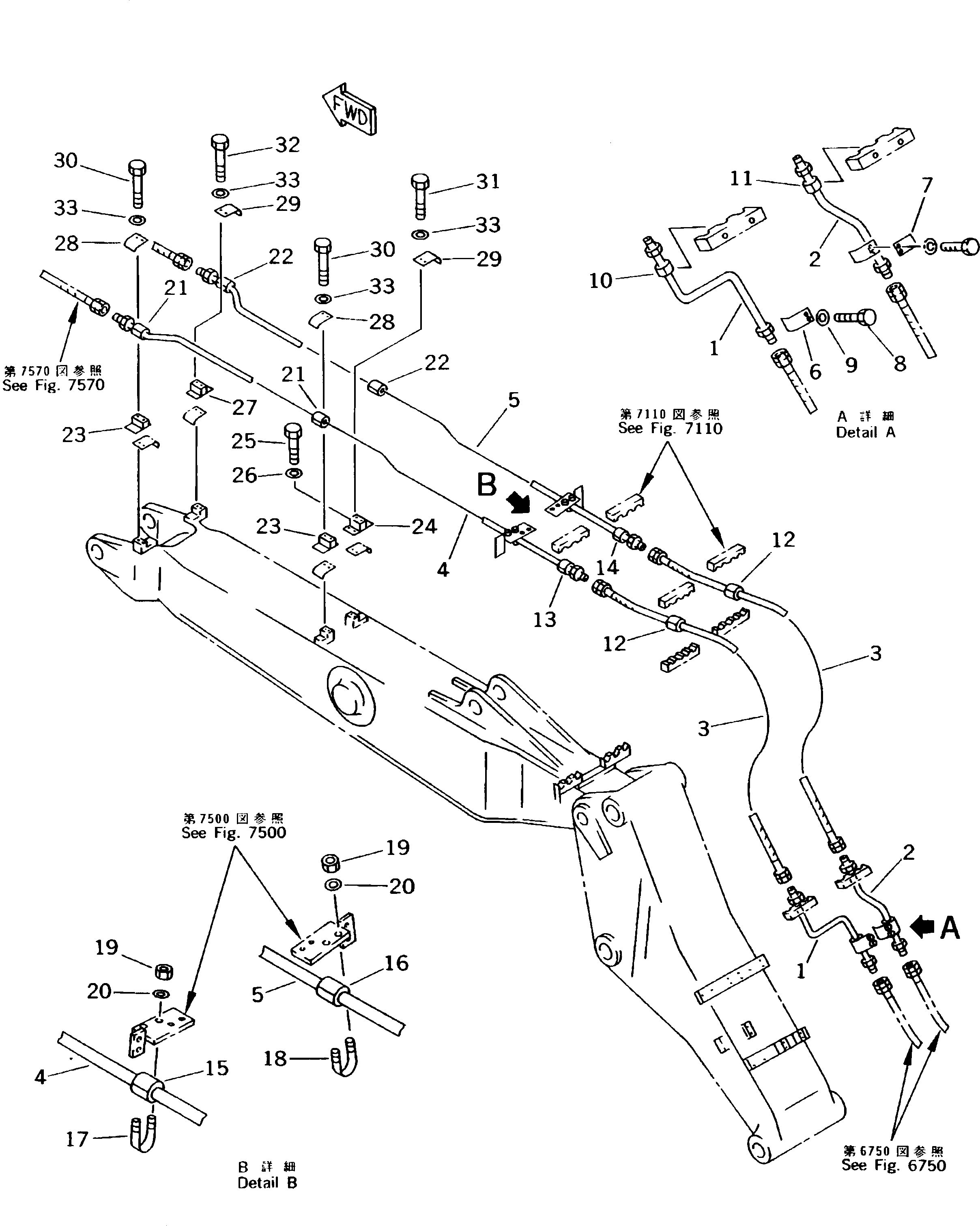 Excavators Komatsu / PW170-5K S/N K20001-UP(pw170-5u) / HYDRAULIC PIPING (CLAMSHELL PIPING LINE) (BOOM SIDE) (FOR 2-PIECE BOOM)(210250 : 7560)