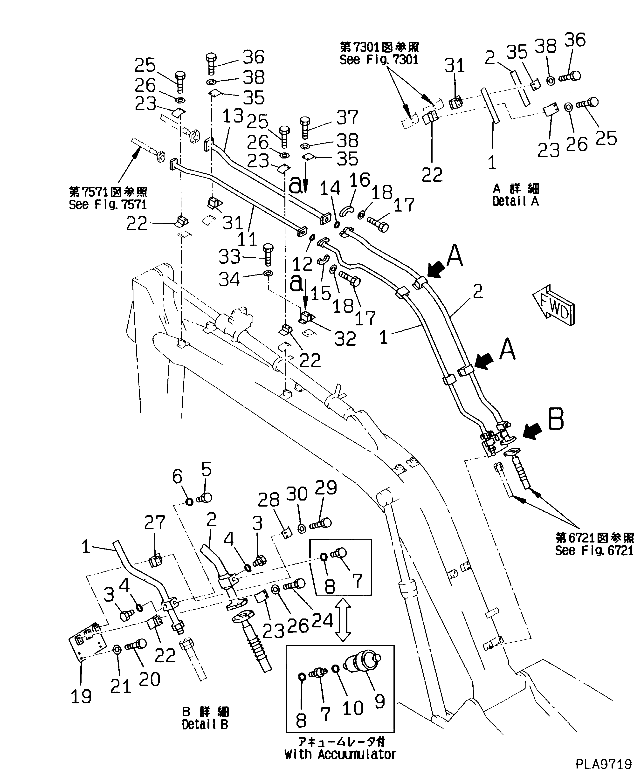 Excavators Komatsu / PW170-5K S/N K20001-UP(pw170-5u) / HYDRAULIC PIPING (ADDITIONAL PIPING LINE) (BOOM SIDE)(210260 : 7561)