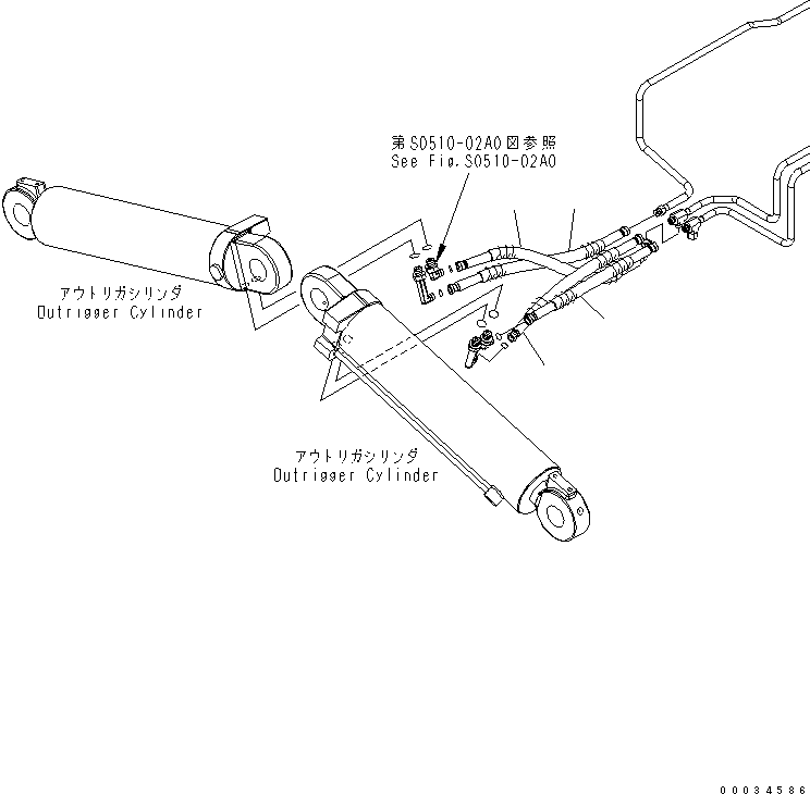 Komatsu parts book diagram for PW180-7K S/N K40001-UP: FRONT OUTRIGGER ? 2.55M (CYLINDER HOSE)