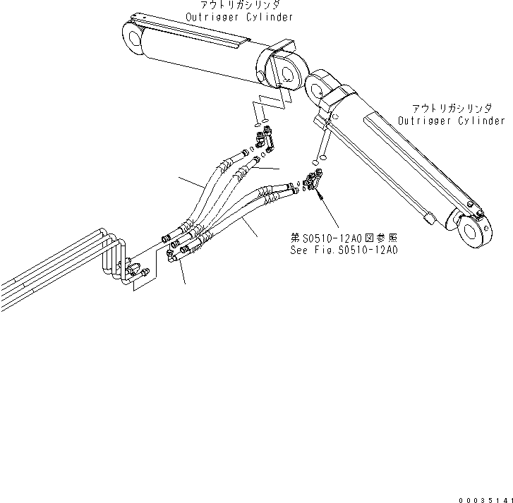 Komatsu parts book diagram for PW180-7K S/N K40001-UP: REAR OUTRIGGER ? 2.75M (CYLINDER HOSE)