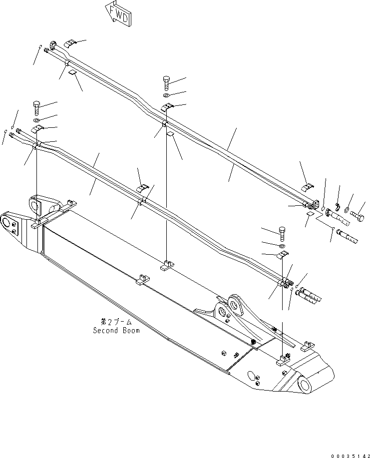Komatsu parts book diagram for PW180-7K S/N K40001-UP: 2-PIECE BOOM (BUCKET ? 1-ATTACHMENT LINE) (2ND BOOM SIDE)