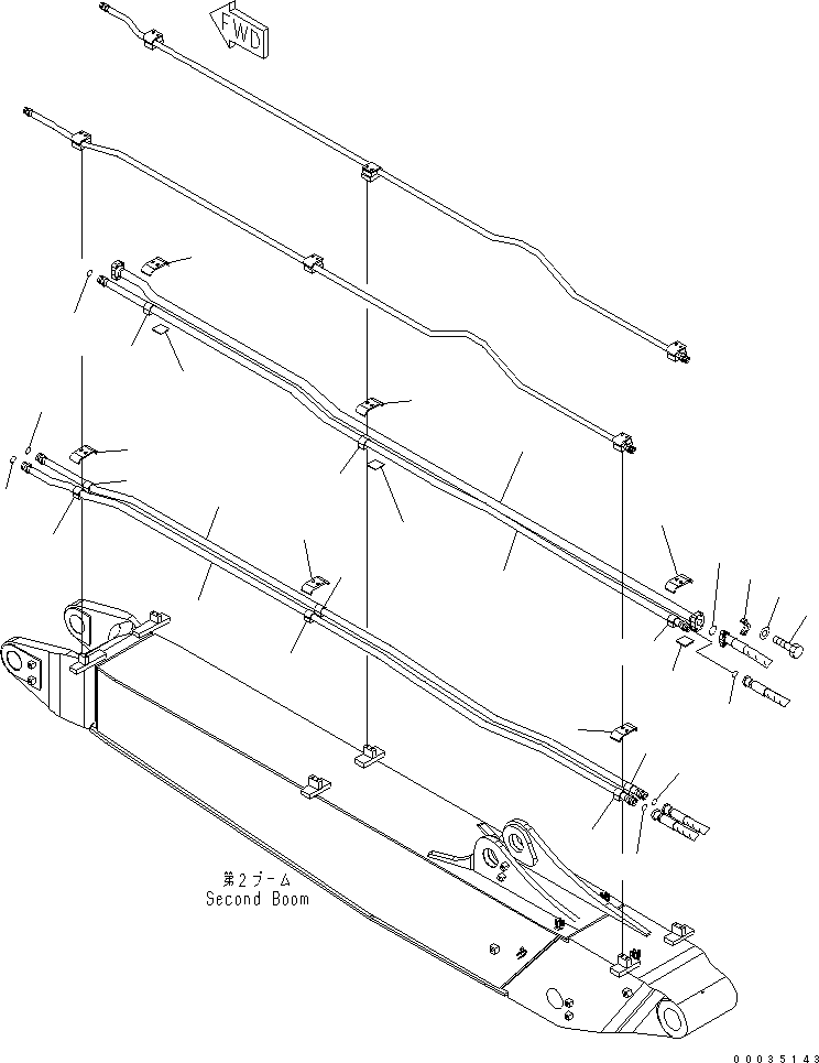 Komatsu parts book diagram for PW180-7K S/N K40001-UP: 2-PIECE BOOM (BUCKET ? 1-ATTACHMENT LINE) (2ND BOOM SIDE) (WITH 2-ATTACHMENTS)