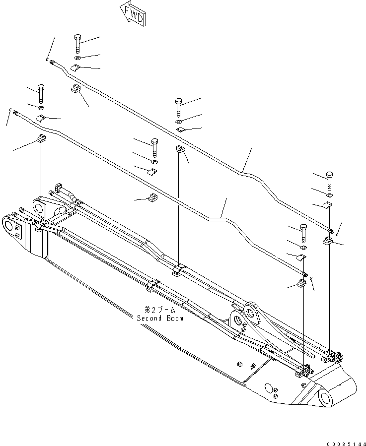 Komatsu parts book diagram for PW180-7K S/N K40001-UP: 2-PIECE BOOM (2-ATTACHMENTS LINE) (2ND BOOM SIDE)