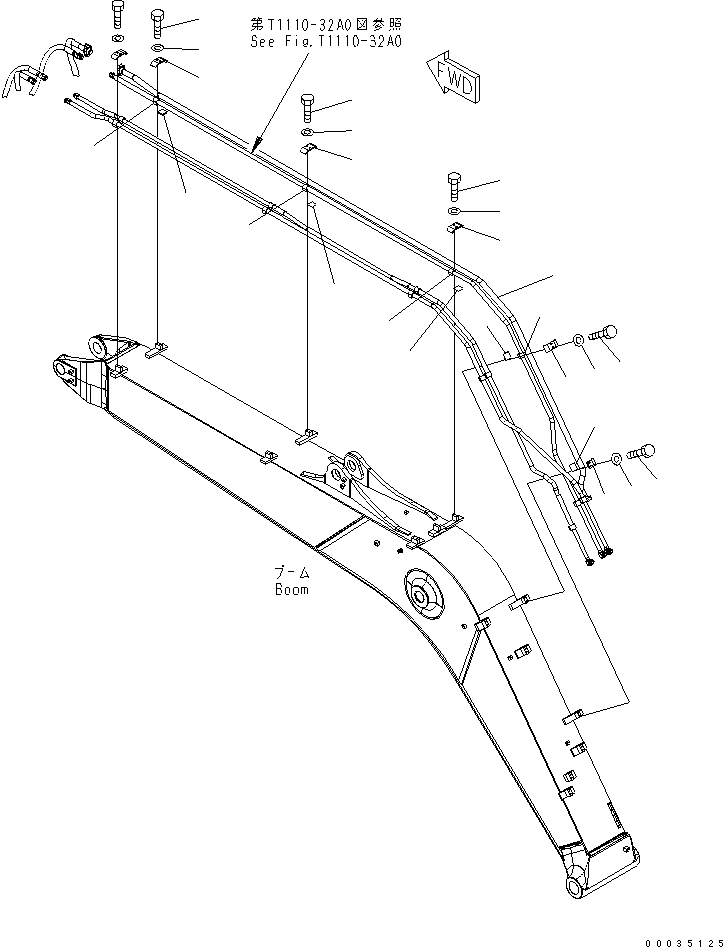 Komatsu parts book diagram for PW180-7K S/N K40001-UP: 1-PIECE BOOM (1-ATTACHMENT LINE ? 2/2)