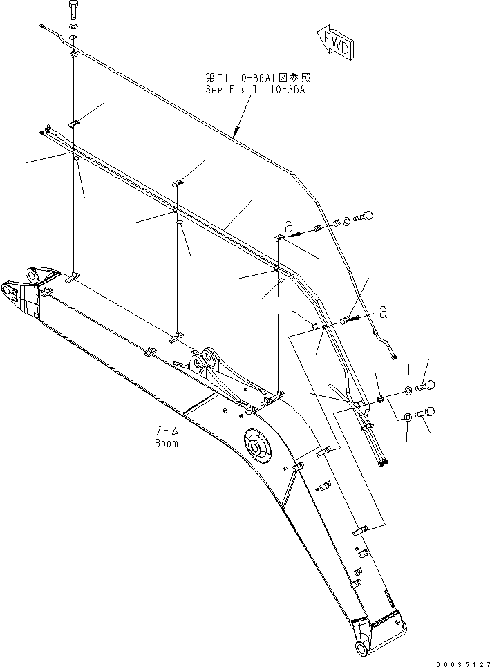 Komatsu parts book diagram for PW180-7K S/N K40001-UP: 1-PIECE BOOM (1-ATTACHMENT LINE ? 2/2) (WITH 2-ATTACHMENTS)