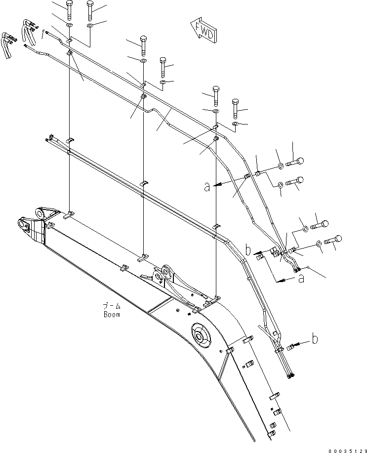 Komatsu parts book diagram for PW180-7K S/N K40001-UP: 1-PIECE BOOM (2-ATTACHMENT LINE ? 2/2) (WITH 2-ATTACHMENTS)