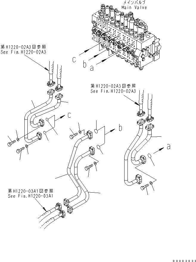 Excavators Komatsu / PW220-7K-KA S/N K40001-UP(pw220-0u) / WORK EQUIPMENT LINE (1/3) (REVOLVING FRAME SIDE) (FOR 1-PIECE BOOM) (KA SPEC.)(180130 : H1220-01A3)