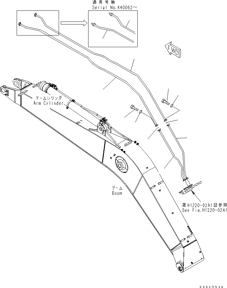 Excavators Komatsu / PW220-7K-KA S/N K40001-UP(pw220-0u) / 1-PIECE BOOM (BUCKET CYLINDER LINE)(390110 : T1110-14A0)
