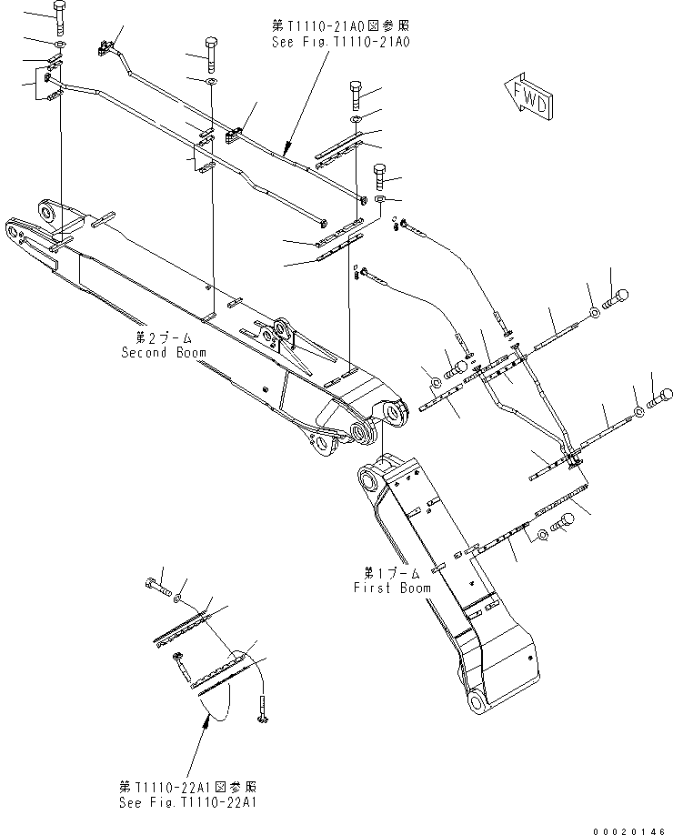 Excavators Komatsu / PW220-7K-KA S/N K40001-UP(pw220-0u) / 2-PIECE BOOM (ADDITIONAL PIPING) (CLAMSHELL LINE) (CLAMP)(390160 : T1110-24A0)
