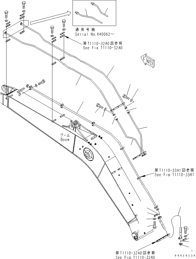 Excavators Komatsu / PW220-7K-KA S/N K40001-UP(pw220-0u) / 1-PIECE BOOM (ADDITIONAL PIPING) (CLAMSHELL AND BREAKER LINE) (PIPING)(390200 : T1110-31A1)