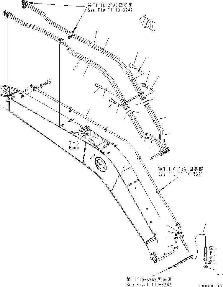 Excavators Komatsu / PW220-7K-KA S/N K40001-UP(pw220-0u) / 1-PIECE BOOM (ADDITIONAL PIPING) (2 ATTACHIMENT LINE) (PIPING)(390210 : T1110-31A2)