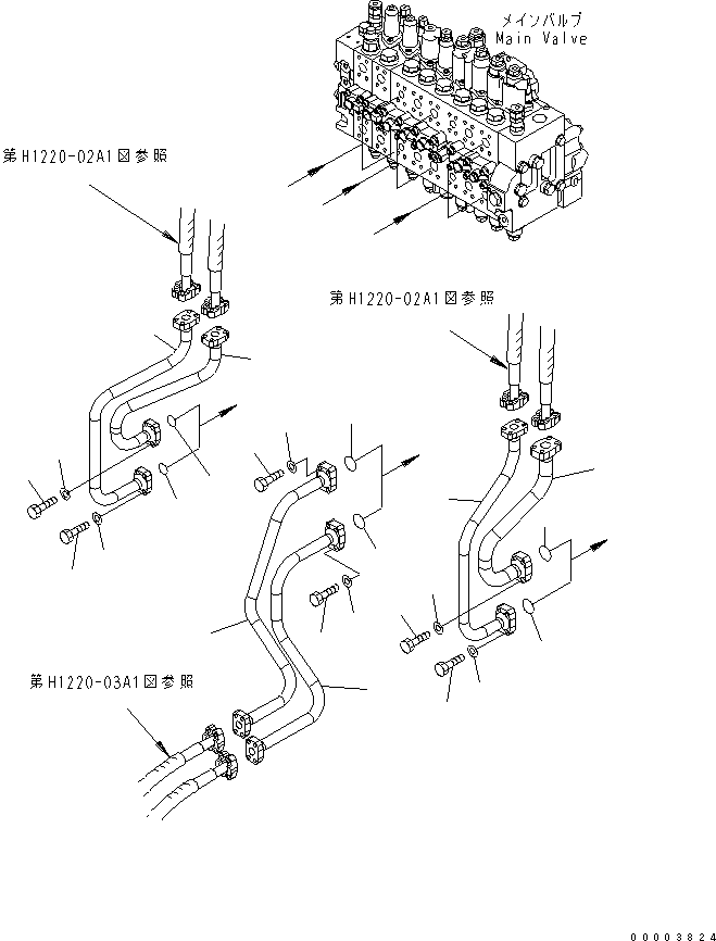 Komatsu parts book diagram for PW220-7E0 S/N H65051-UP: WORK EQUIPMENT LINE (1/3 - REVOLVING FRAME SIDE FOR TWO-PIECE BOOM)