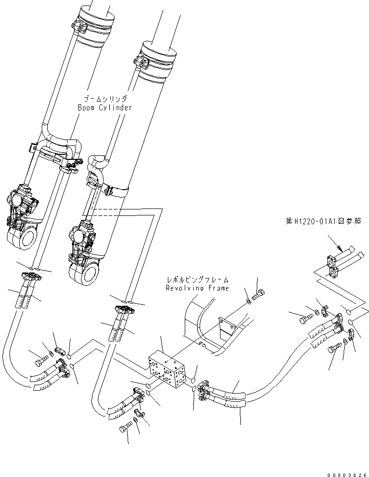 Komatsu parts book diagram for PW220-7E0 S/N H65051-UP: WORK EQUIPMENT LINE (3/3 - REVOLVING FRAME SIDE FOR ONE-PIECE BOOM)
