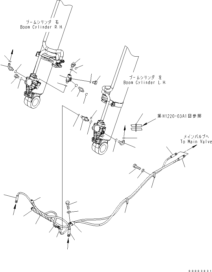 Komatsu parts book diagram for PW220-7E0 S/N H65051-UP: DRIFT PREVENTIVE PIPING (FOR ONE-PIECE BOOM LIFT)