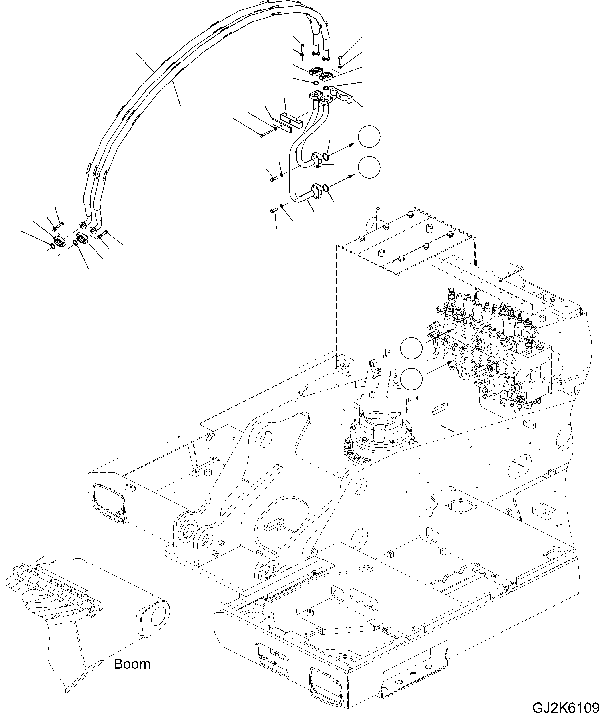 Komatsu parts book diagram for PW220-7E0 S/N H65051-UP: ATTACHMENT LINE - REVOLVING FRAME (ONE-PIECE BOOM - TWO ATTACHMENTS)