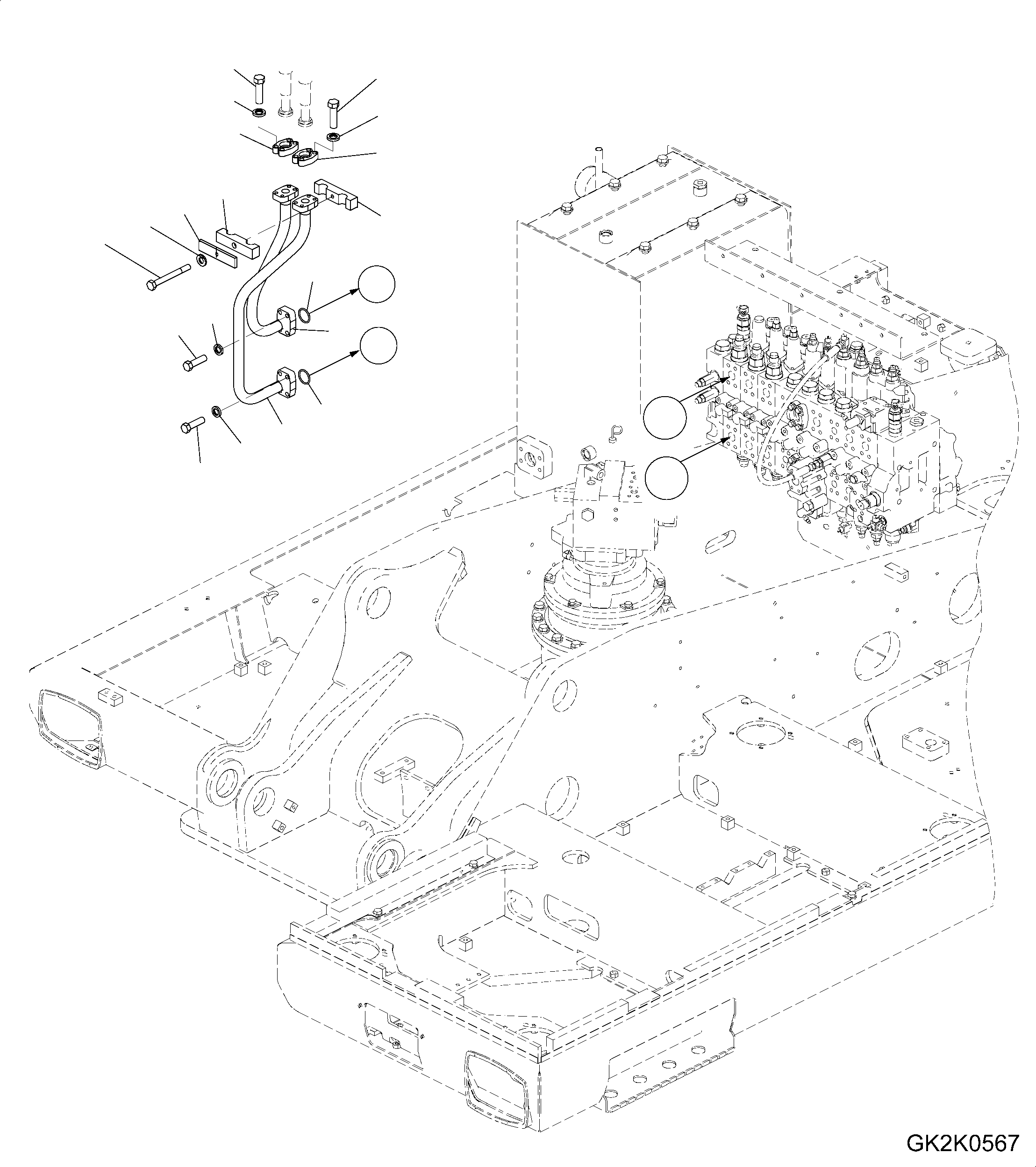 Komatsu parts book diagram for PW220-7E0 S/N H65051-UP: ATTACHMENT LINE - REVOLVING FRAME (TWO-PIECE BOOM - TWO ATTACHMENTS)