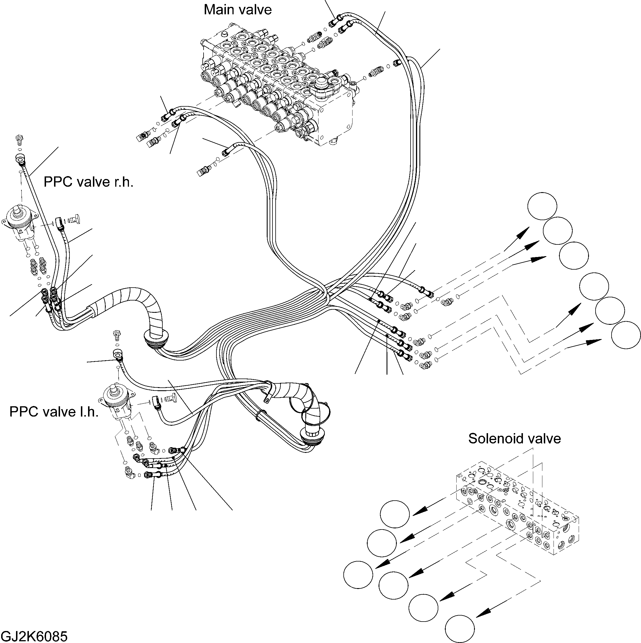 Komatsu parts book diagram for PW220-7E0 S/N H65051-UP: FLOOR (P.P.C. VALVE HOSE LHS AND RHS)