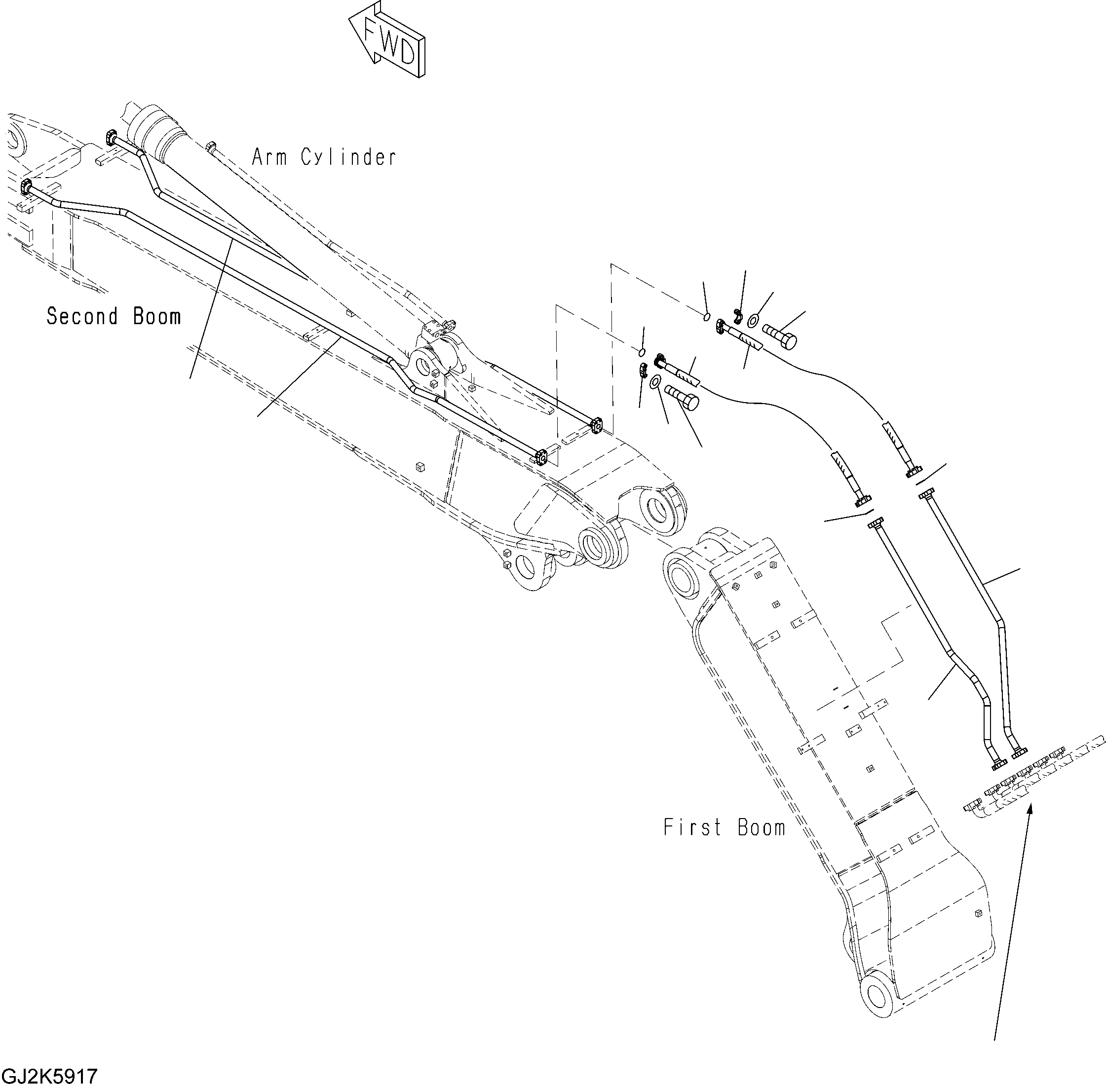 Komatsu parts book diagram for PW220-7E0 S/N H65051-UP: TWO-PIECE BOOM (BUCKET CYLINDER LINE)