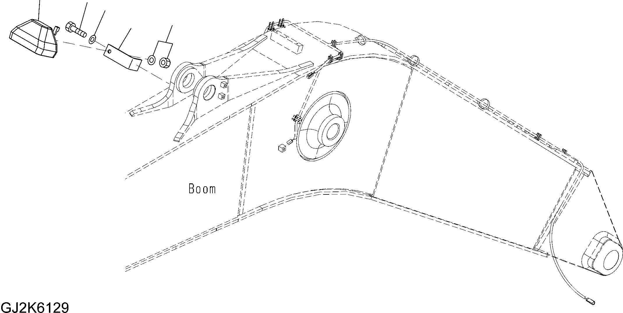Komatsu parts book diagram for PW220-7E0 S/N H65051-UP: ONE-PIECE BOOM (RHS WORK LAMP)