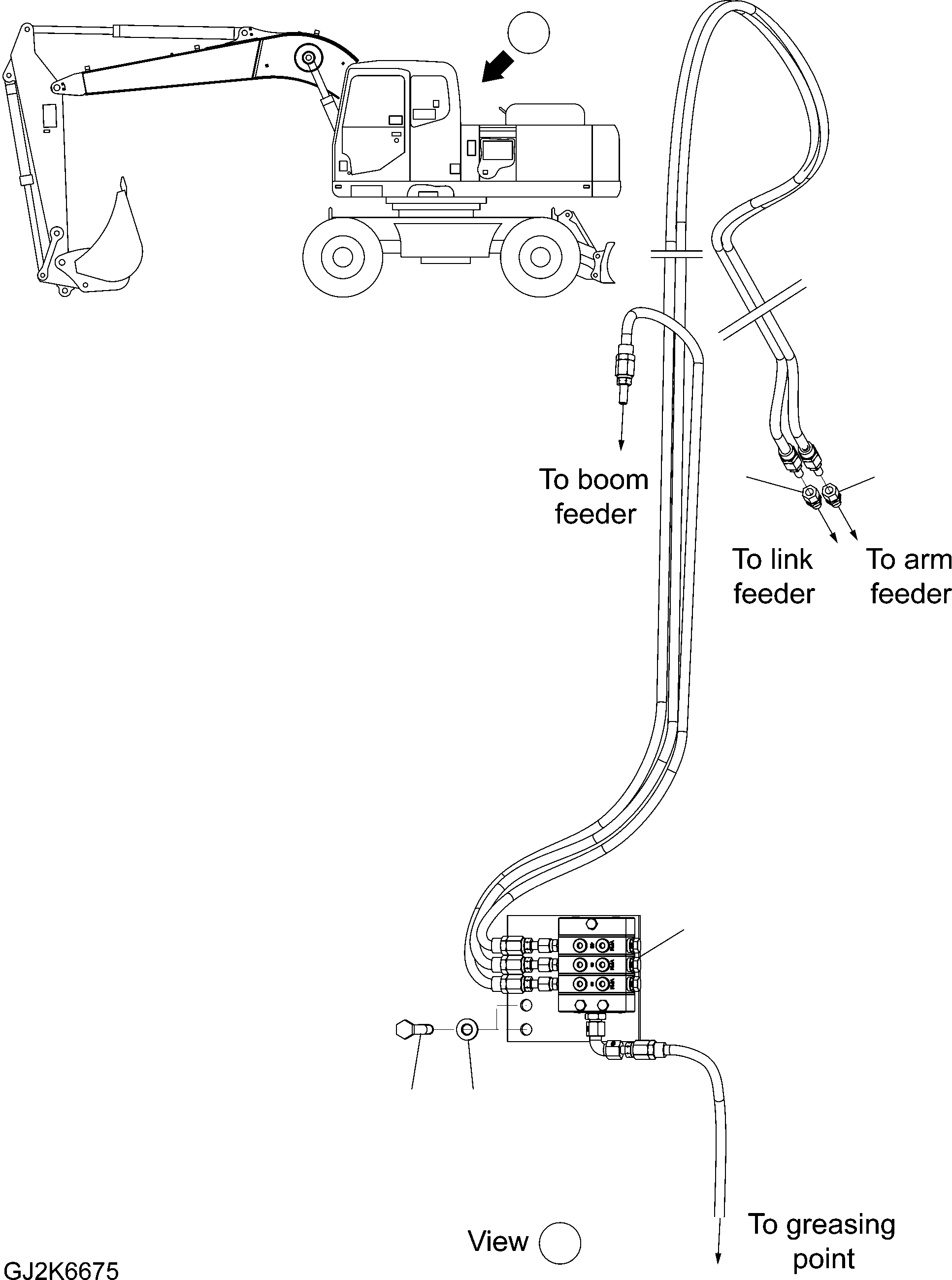 Komatsu parts book diagram for PW220-7E0 S/N H65051-UP: AUTO GREASE - MAIN FEEDER (ONE-PIECE BOOM)
