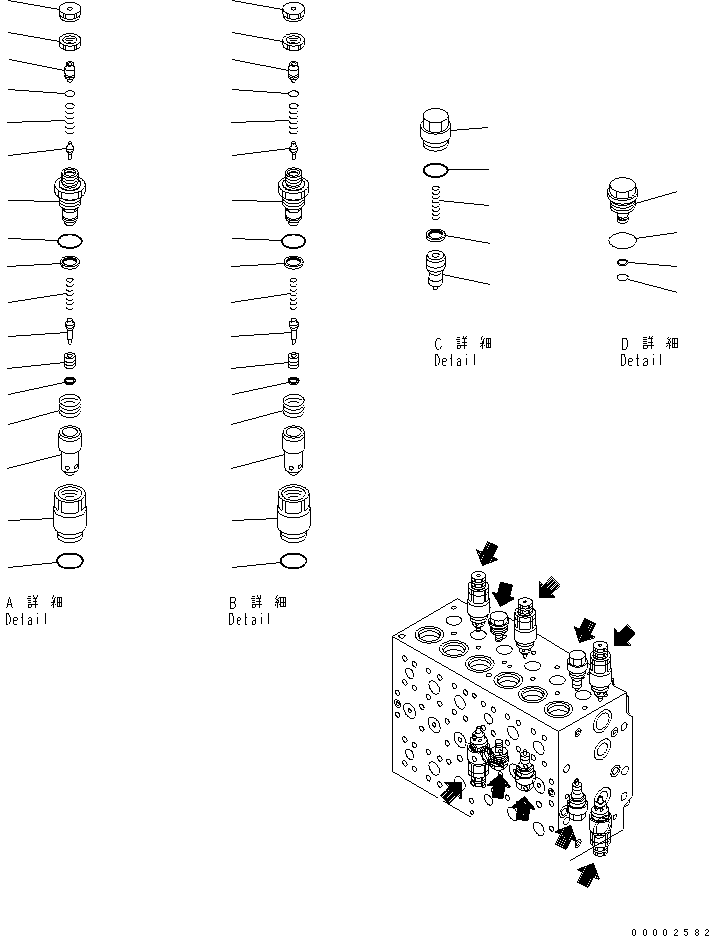 Komatsu parts book diagram for PW220-7E0 S/N H65051-UP: MAIN VALVE (9-SPOOL) (12/22) (FOR TWO-PIECE BOOM)