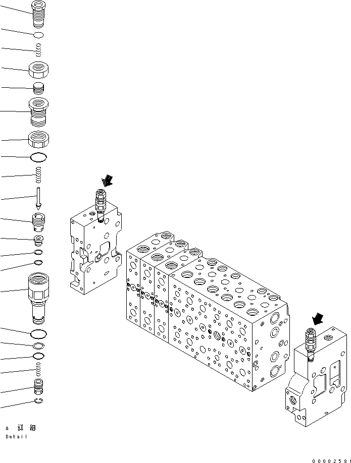 Komatsu parts book diagram for PW220-7E0 S/N H65051-UP: MAIN VALVE (9-SPOOL) (9/22) (FOR TWO-PIECE BOOM)