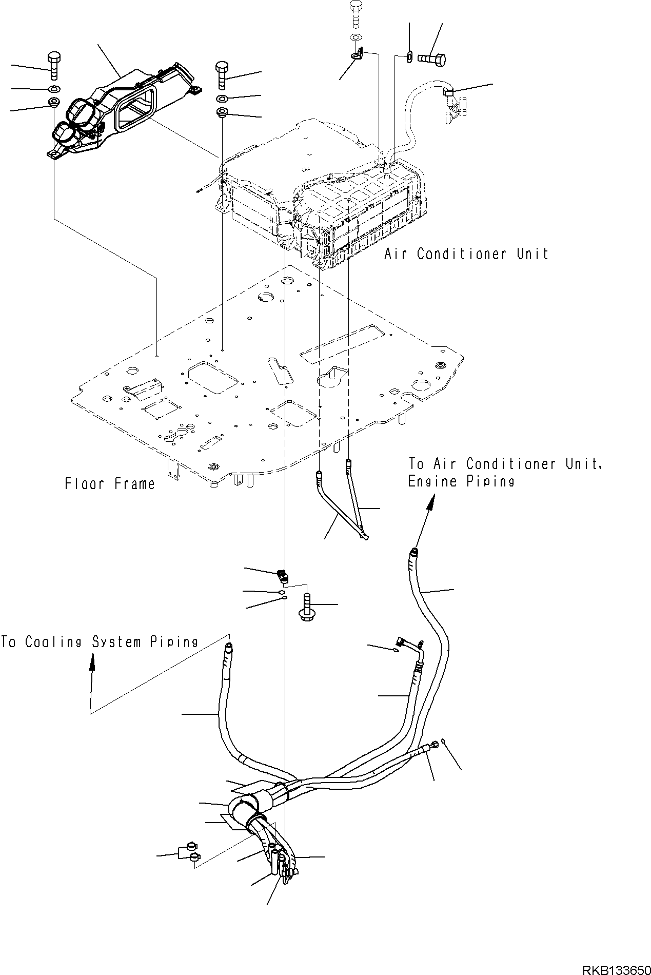 Komatsu parts book diagram for PW98MR-11E0 S/N F30001 AND UP: CAB AND FLOOR FRAME, FLOOR FRAME, AIR CONDITIONER PIPING