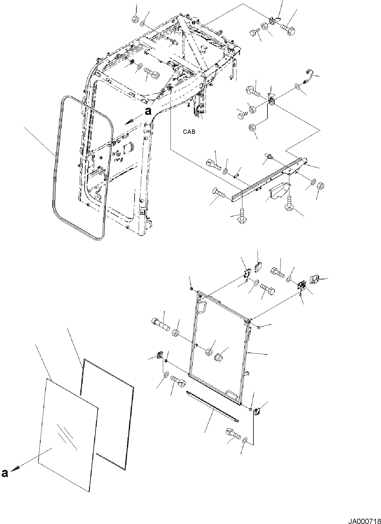 Komatsu parts book diagram for PW98MR-11E0 S/N F30001 AND UP: CAB AND FLOOR FRAME, CAB, FRONT WINDOW