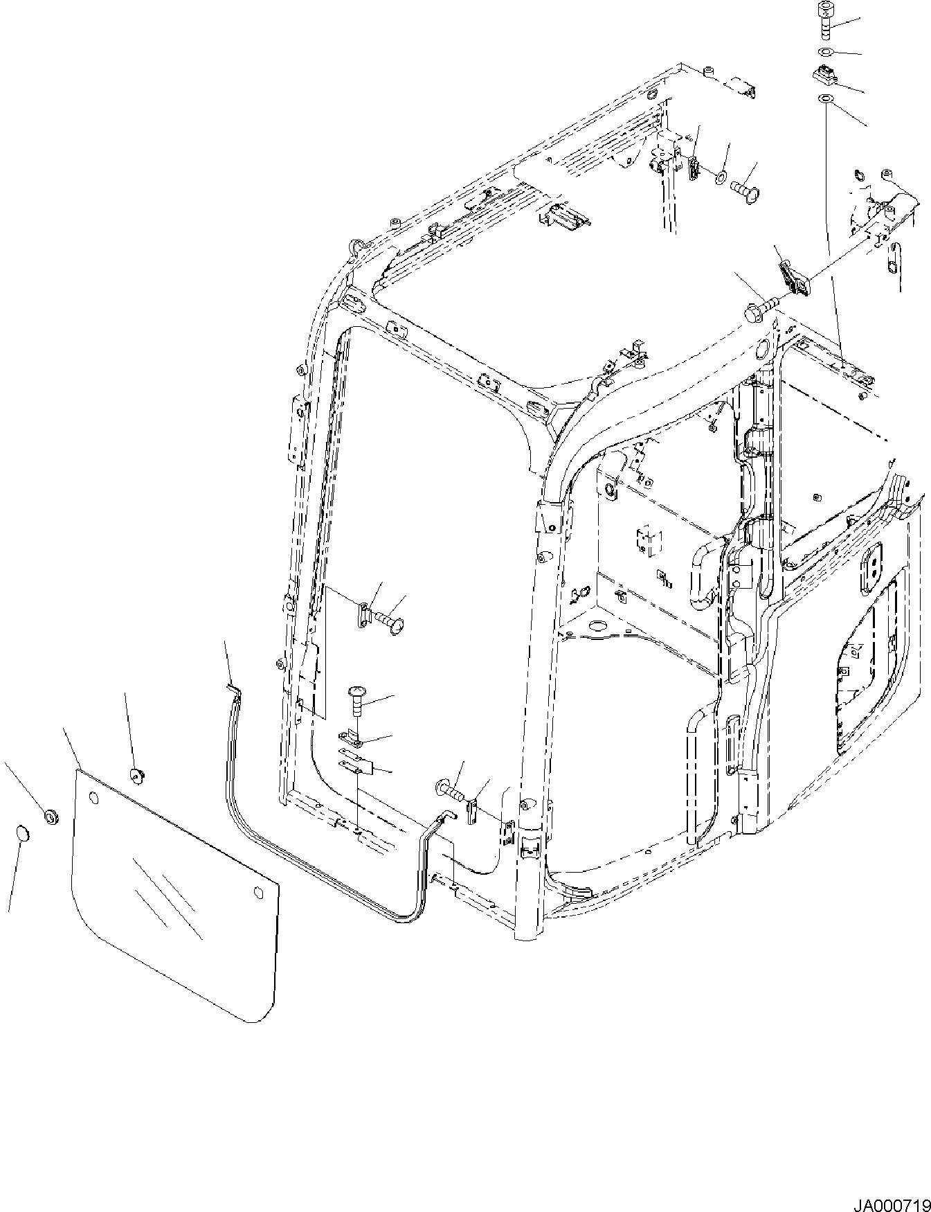 Komatsu parts book diagram for PW98MR-11E0 S/N F30001 AND UP: CAB AND FLOOR FRAME, CAB, FRONT LOWER WINDOW
