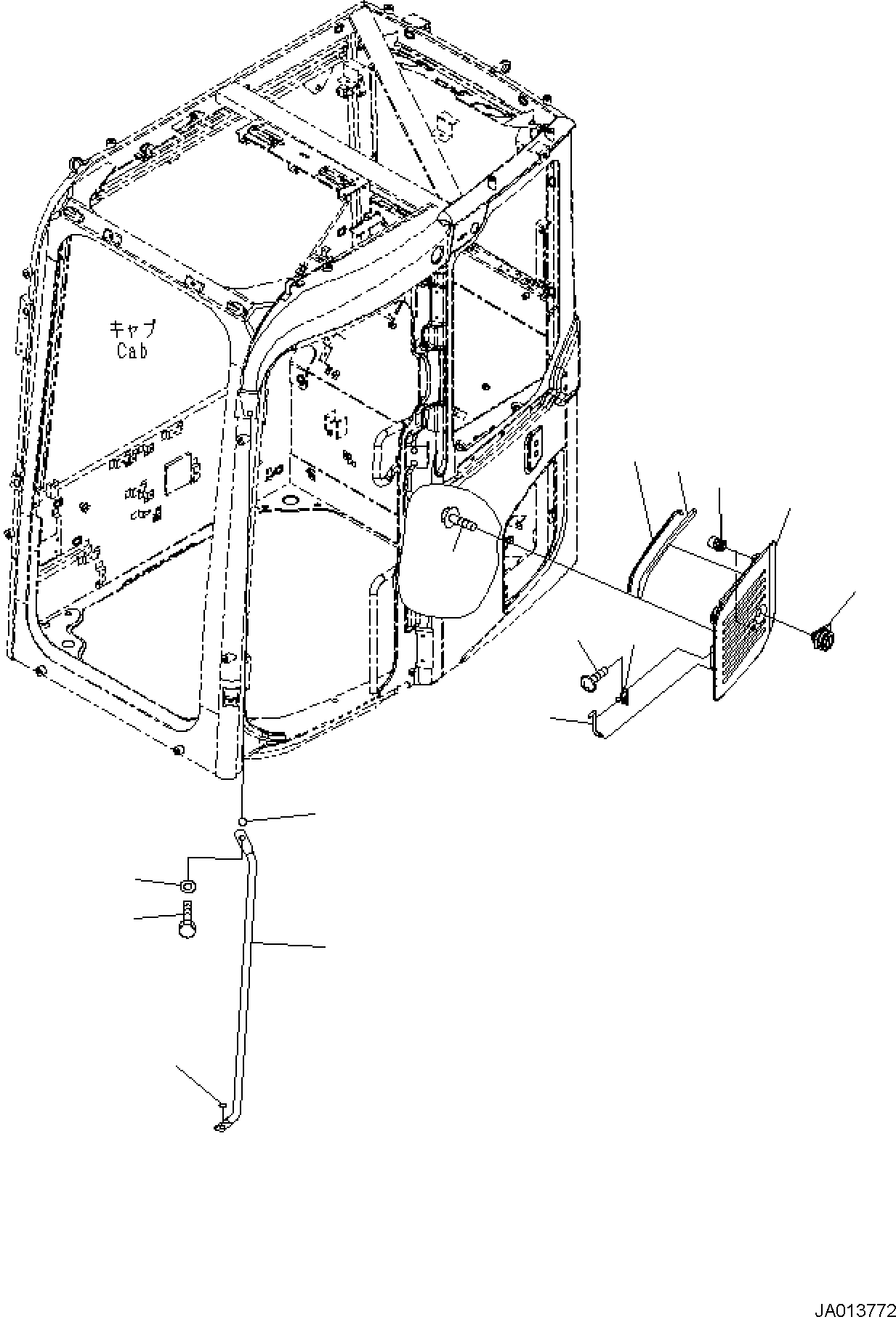 Komatsu parts book diagram for PW98MR-11E0 S/N F30001 AND UP: CAB AND FLOOR FRAME, CAB, AIR INTAKE AND GRIP
