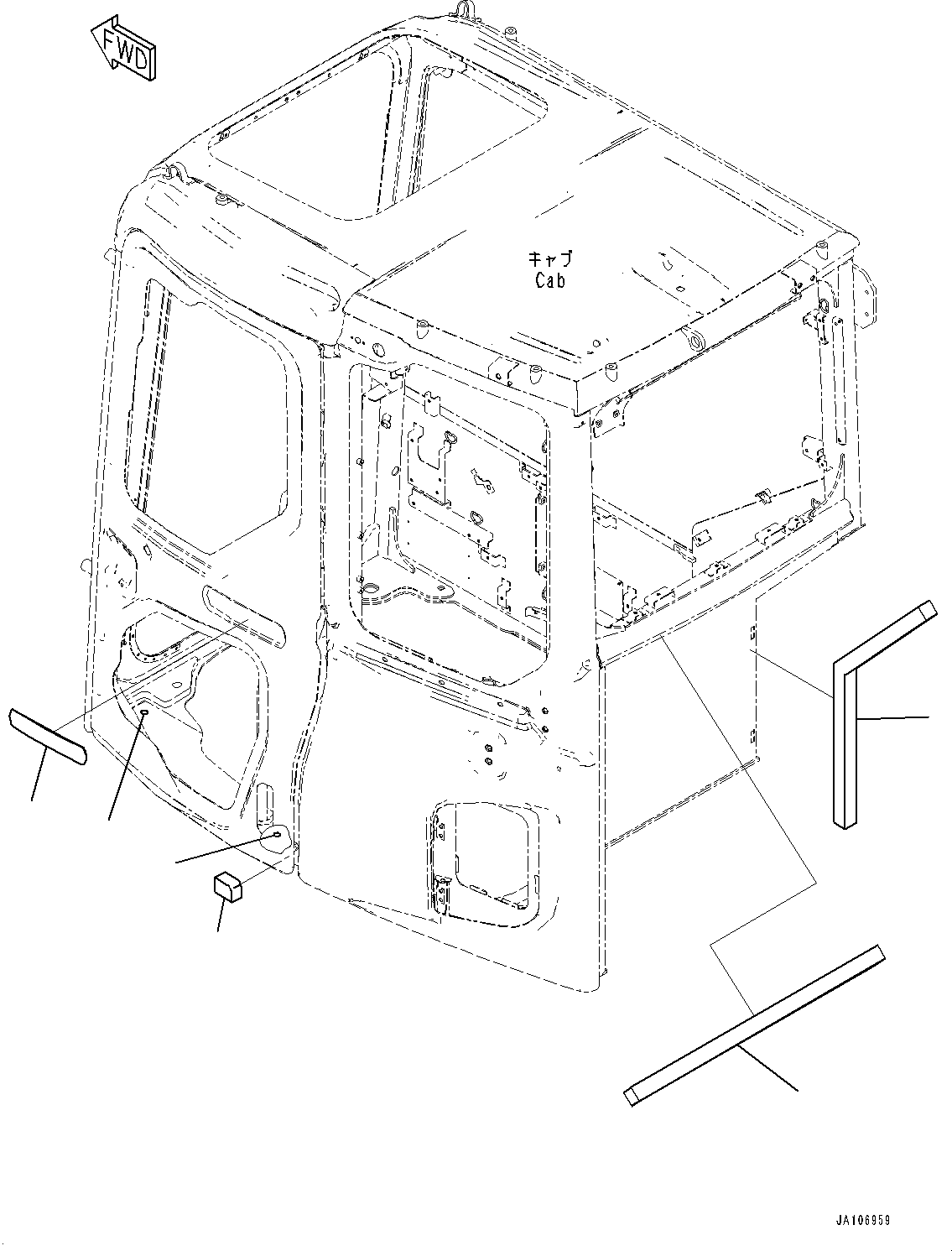 Komatsu parts book diagram for PW98MR-11E0 S/N F30001 AND UP: CAB AND FLOOR FRAME, CAB, KOMATSU MARK