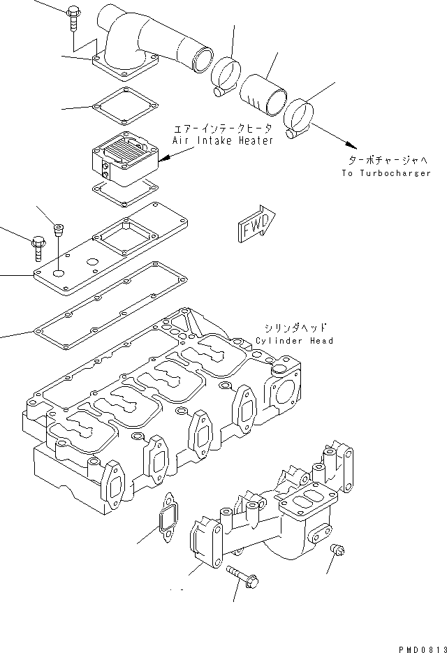 Komatsu parts book diagram for S4D102E-1F S/N 26200163-UP: EXHAUST MANIFOLD AND AIR CONNECTOR(#26200163-26207666)