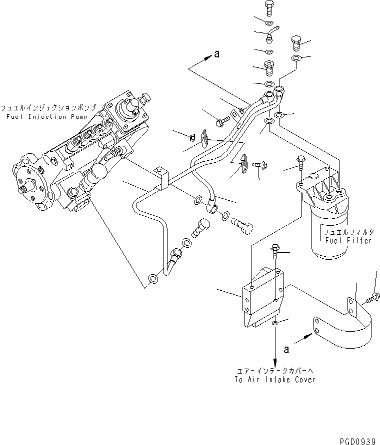 Komatsu parts book diagram for S4D102E-1F S/N 26200163-UP: FUEL FILTER MOUNTING AND PIPING(#26200415-)