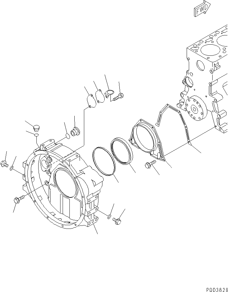 Komatsu parts book diagram for S4D102E-1N S/N 26200163-UP: FLYWHEEL HOUSING(#26223999-26238938)