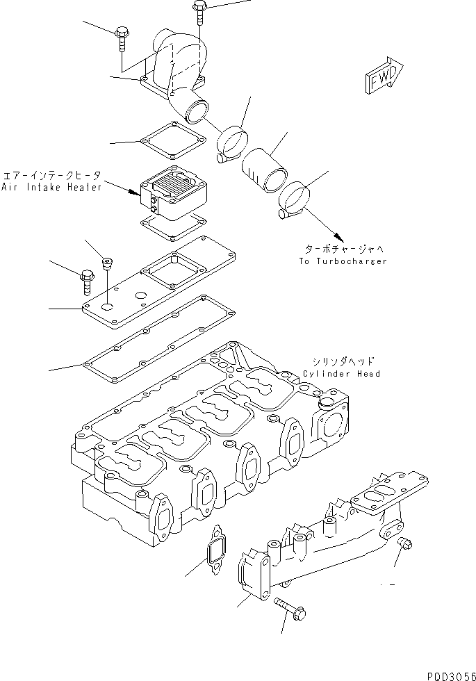 Komatsu parts book diagram for S4D102E-1N-2D S/N 26200163-UP: EXHAUST MANIFOLD AND AIR CONNECTOR(#26203149-)