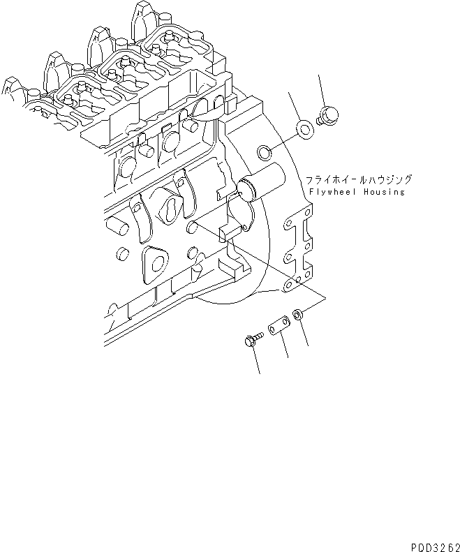 Komatsu parts book diagram for S4D102E-1N-2D S/N 26200163-UP: FLYWHEEL HOUSING PLUG AND PLATE(#26246658-26266120)