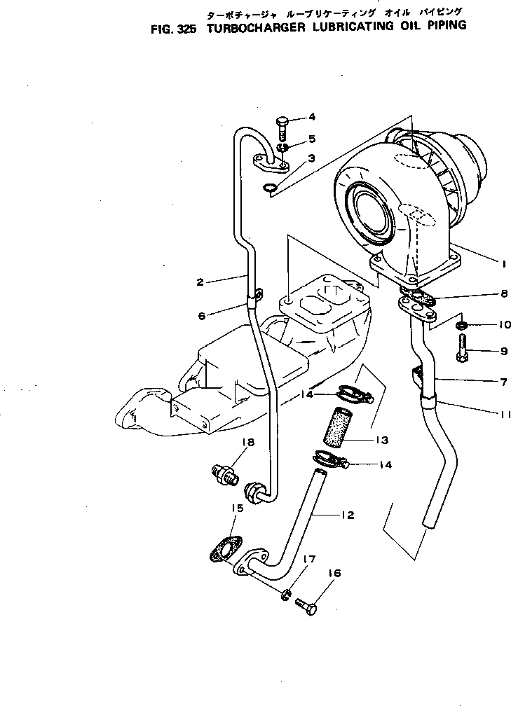 Komatsu parts book diagram for S4D105-1B S/N 18273-UP: TURBOCHARGER LUBRICATING OIL PIPING