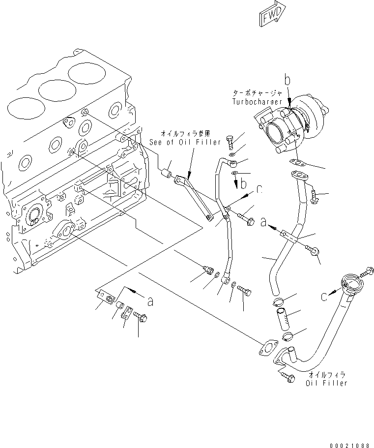Engines Komatsu / S4D95LE-3C-2M S/N 100001-UP(s4d95l9c) / TURBOCHARGER LUBRICATING OIL PIPING(#102014-)(030360 : A3030-A0A4)