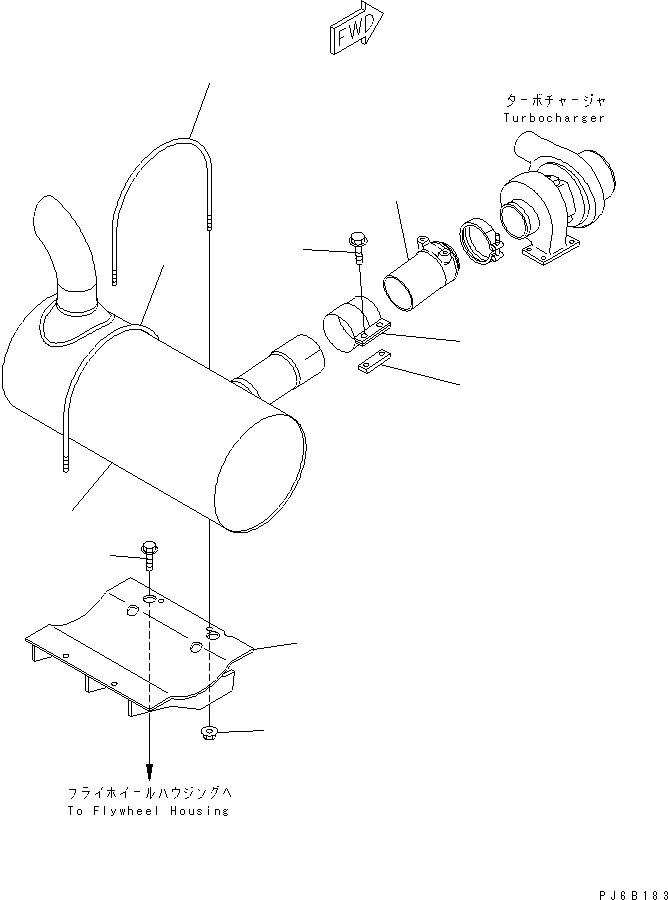 Komatsu parts book diagram for S6D102E-1F-US S/N 26200929-UP: MUFFLER AND MOUNTING(#26257406-)